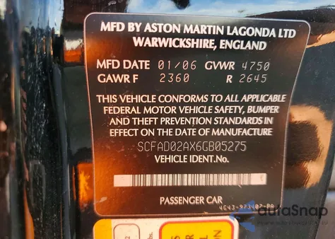 2006 Aston Martin Db9 Volante z USA, uszkodzony, nr VIN SCFAD02AX6GB05275